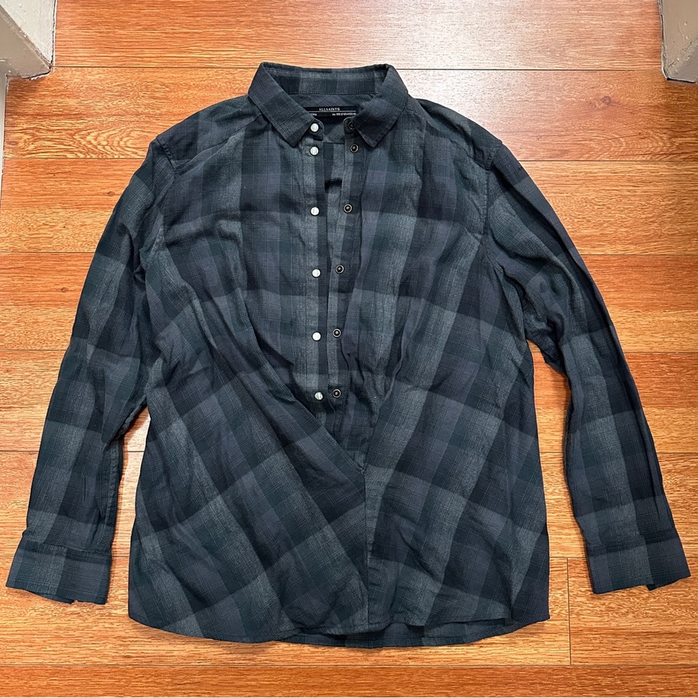 AllSaints Kayla Teal Plaid Shirt US size 8 asymmetrical snap button top